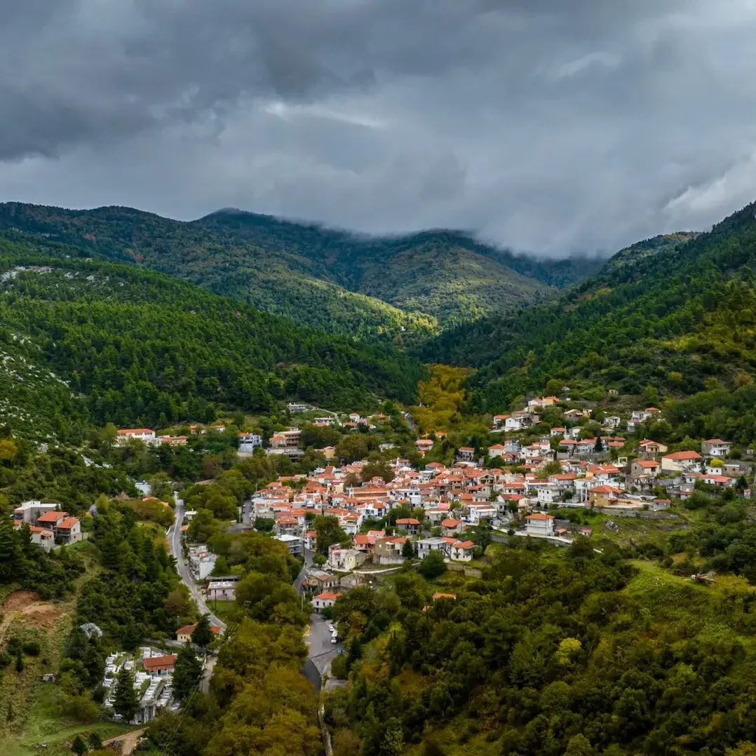 Steni Evias mountain village surrounded by lush forest near Mount Dirfys, Evia Greece