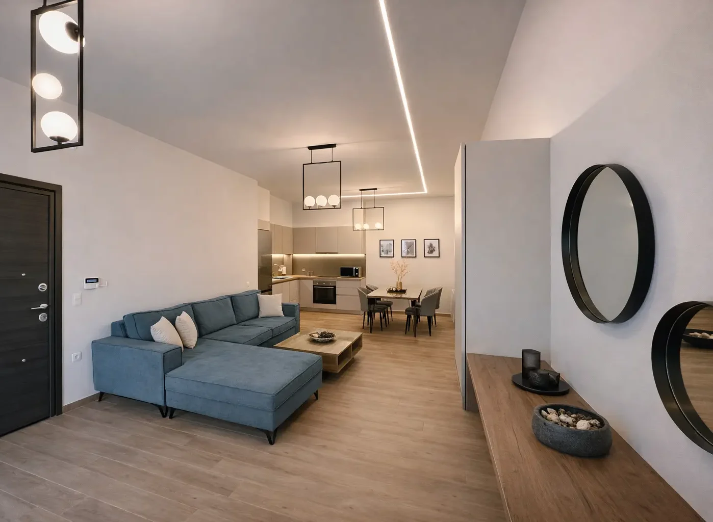 Spacious living room with sofa and dining area in Armonia ground floor apartment, Chalkida